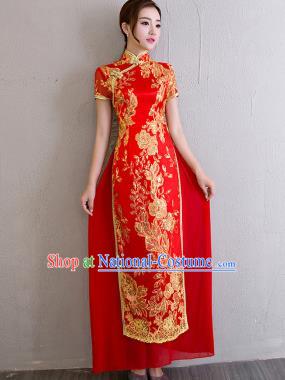 China Catwalks Show Aodai Cheongsam Classical Dance Lace Sequins Red Qipao Dress Bride Clothing