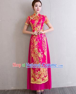 China Classical Dance Lace Sequins Rosy Qipao Dress Bride Clothing Catwalks Show Aodai Cheongsam