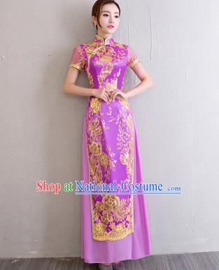 China Bride Clothing Catwalks Show Aodai Cheongsam Classical Dance Lace Sequins Violet Qipao Dress