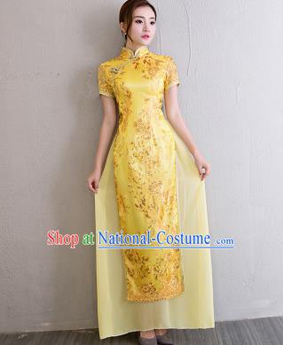 China Modern Catwalks Show Aodai Cheongsam Classical Lace Sequins Golden Qipao Dress Chorus Clothing