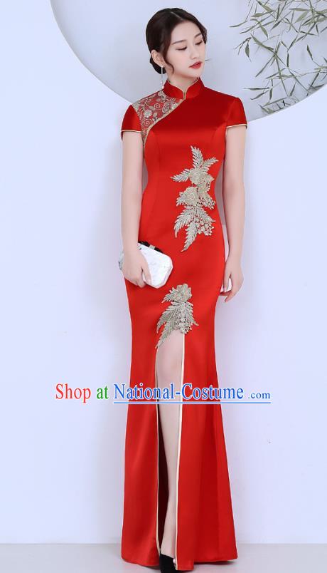 China Classical Red Satin Qipao Catwalks Show Cheongsam Stage Performance Evening Dress Clothing