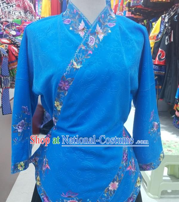 Chinese Traditional Hmong Ethnic Embroidery Blue Blouse Miao Nationality Folk Dance Shirt Clothing