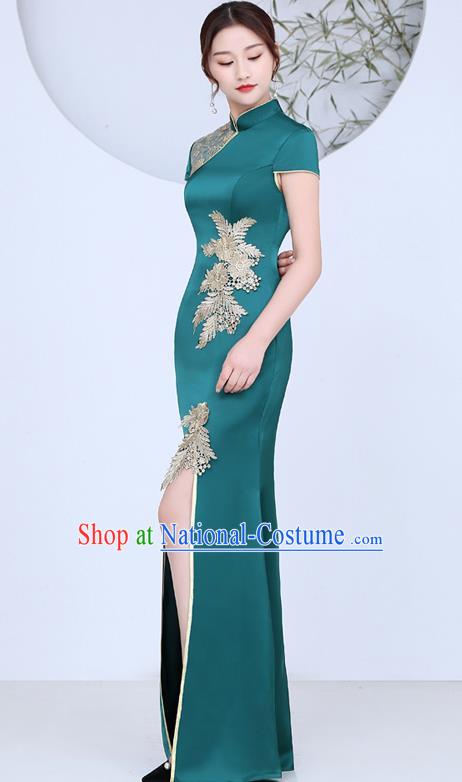 China Stage Performance Evening Dress Clothing Classical Green Satin Qipao Catwalks Show Cheongsam