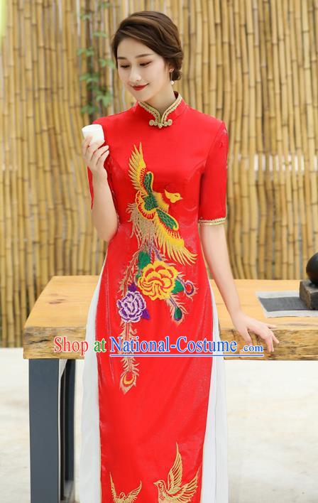 China Classical Embroidery Phoenix Red Qipao Catwalks Show Aodai Cheongsam Stage Performance Dress Clothing