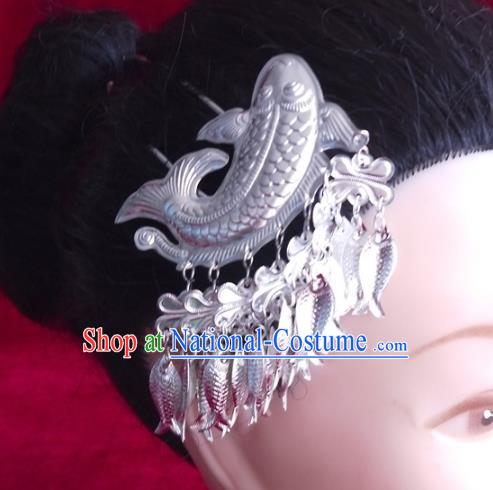 China Traditional Wedding Hair Accessories Hmong Ethnic Hair Stick Guizhou Miao Nationality Silver Fish Hairpin