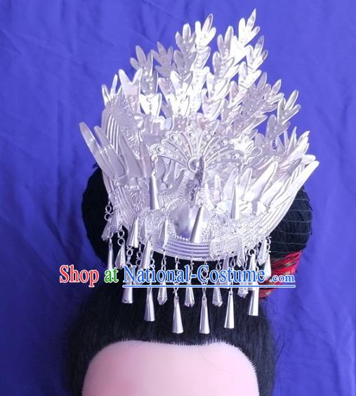 China Hmong Ethnic Silver Phoenix Hair Crown Guizhou Miao Nationality Hairpin Traditional Bride Hair Accessories