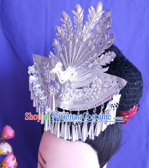 China Traditional Wedding Hair Accessories Hmong Ethnic Silver Phoenix Hair Crown Guizhou Miao Nationality Hairpin