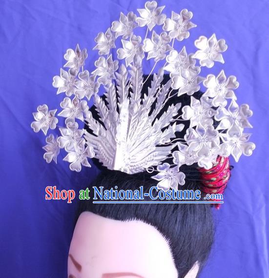 China Guizhou Hmong Ethnic Silver Phoenix Hair Crown Miao Nationality Hairpin Traditional Wedding Headdress