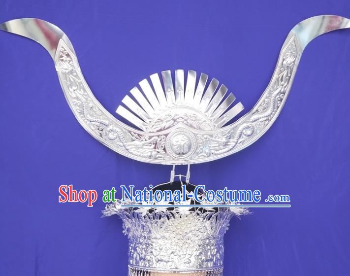 China Miao Nationality Bride Hat Traditional Wedding Headdress Guizhou Hmong Ethnic Silver Ox Horn Hair Crown