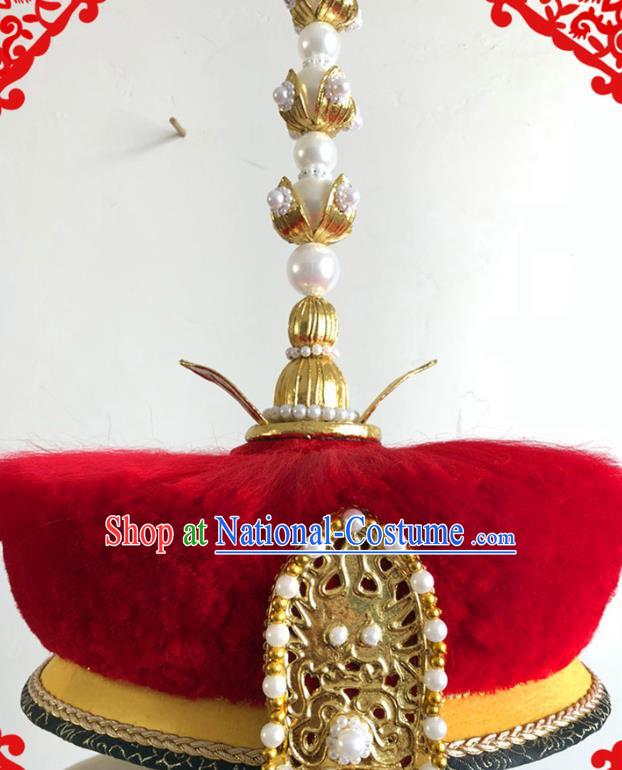 China Traditional Qing Dynasty Emperor Hat Ancient Royal King Pearls Headdress