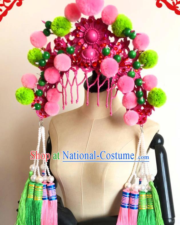 China Traditional Beijing Opera Hat Handmade Ancient Princess Rosy Phoenix Coronet Headwear