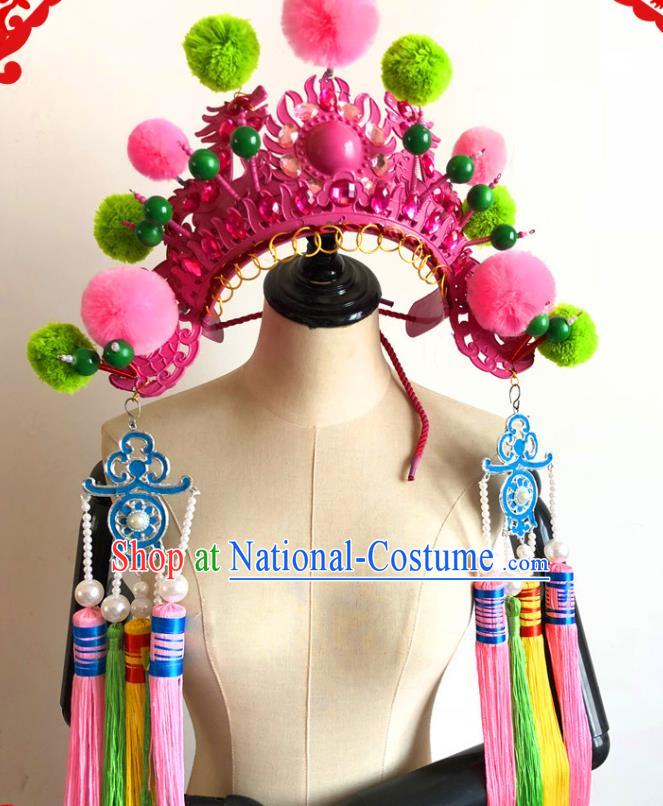 China Traditional Beijing Opera Hat Handmade Ancient Princess Rosy Phoenix Coronet Headwear