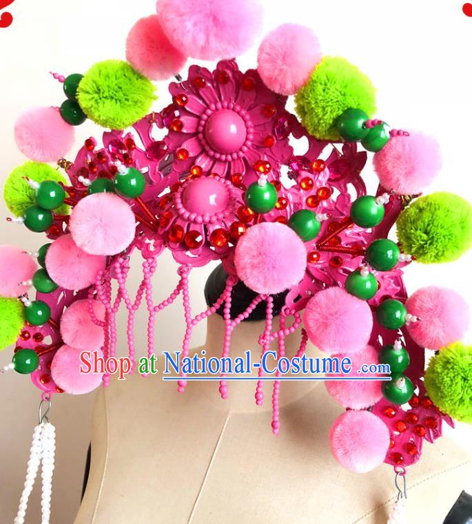 China Traditional Beijing Opera Hat Handmade Ancient Princess Rosy Phoenix Coronet Headwear