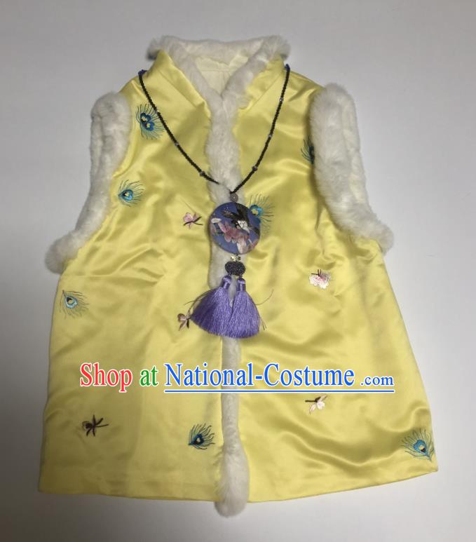 Chinese Classical Embroidered Feather Vest National Women Clothing Tang Suit Yellow Silk Waistcoat