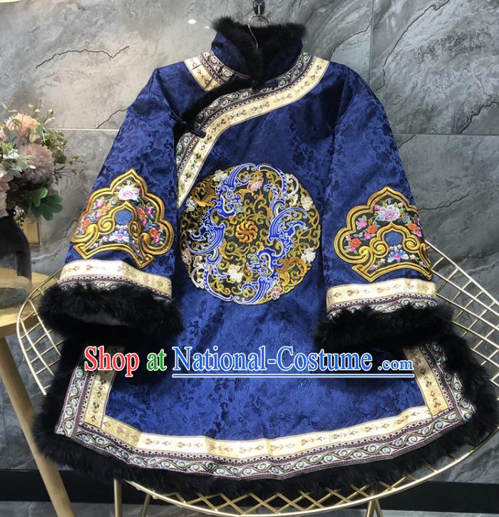 China Woman Winter Outer Garment Tang Suit Coat Traditional Embroidered Royalblue Silk Cotton Padded Jacket