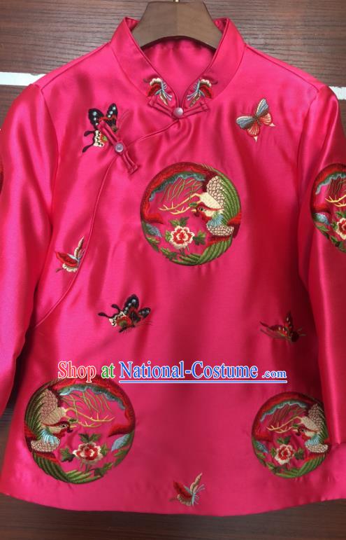 China Woman Outer Garment Tang Suit Rosy Silk Coat Traditional Embroidered Phoenix Jacket