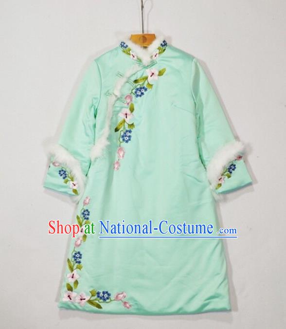 China Winter Tang Suit Coat Woman Outer Garment Traditional Embroidered Green Silk Cotton Wadded Jacket