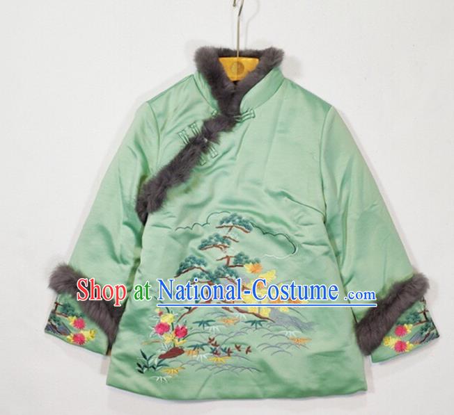 China Traditional Embroidered Green Silk Cotton Wadded Jacket Winter Tang Suit Coat Woman Outer Garment