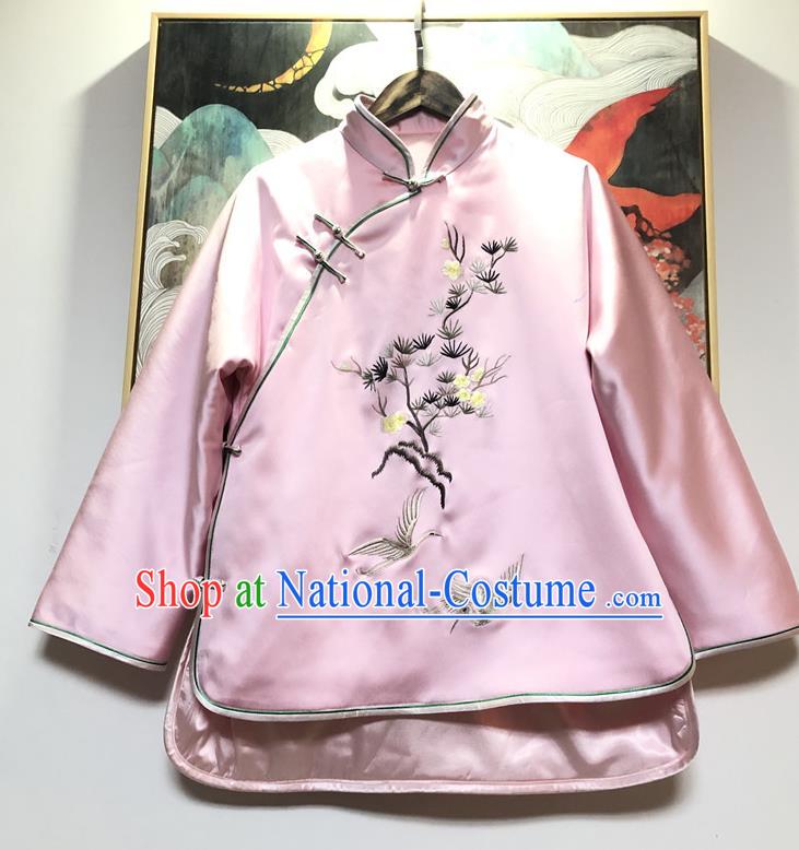 China Traditional Winter Outer Garment Tang Suit Coat Embroidered Pink Silk Cotton Wadded Jacket