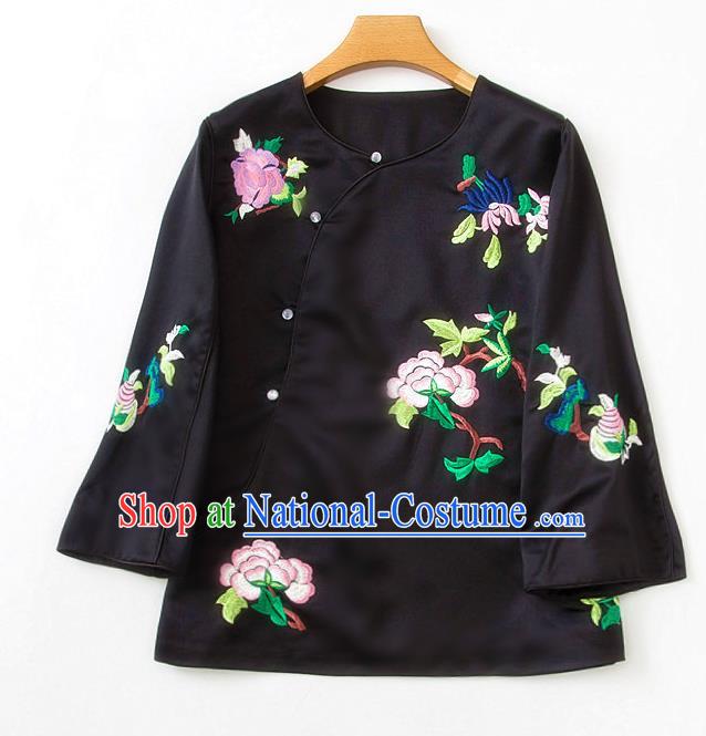 China Traditional Tang Suit Upper Outer Garment Embroidered Peony Black Silk Shirt