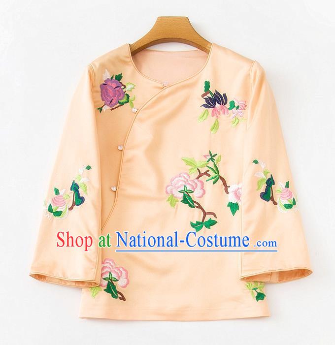 China Embroidered Peony Apricot Silk Shirt Traditional Tang Suit Upper Outer Garment