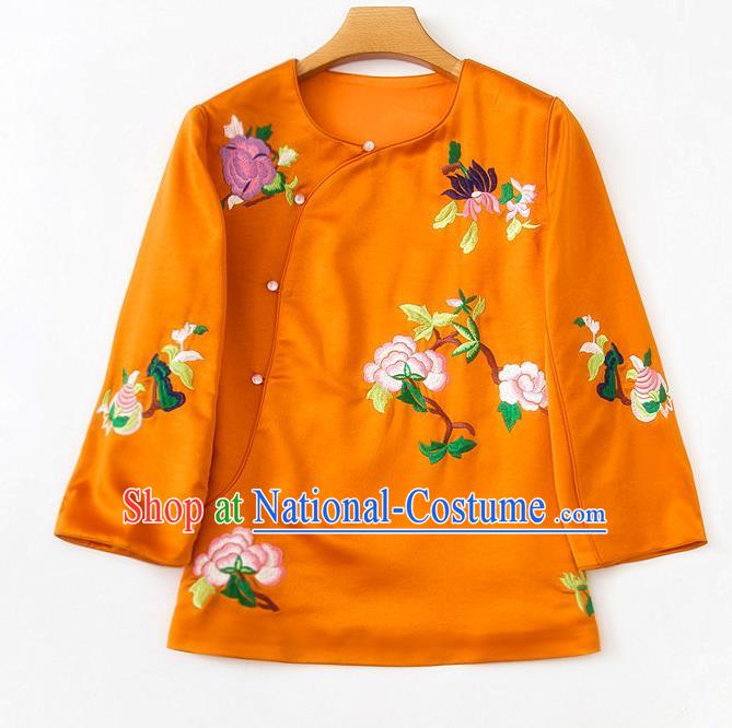 China Embroidered Peony Blouse Traditional Tang Suit Upper Outer Garment Orange Silk Shirt