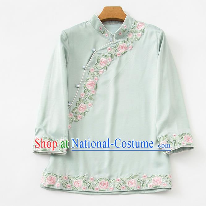 China Traditional Embroidered Roses Light Green Silk Shirt Tang Suit Upper Outer Garment Blouse