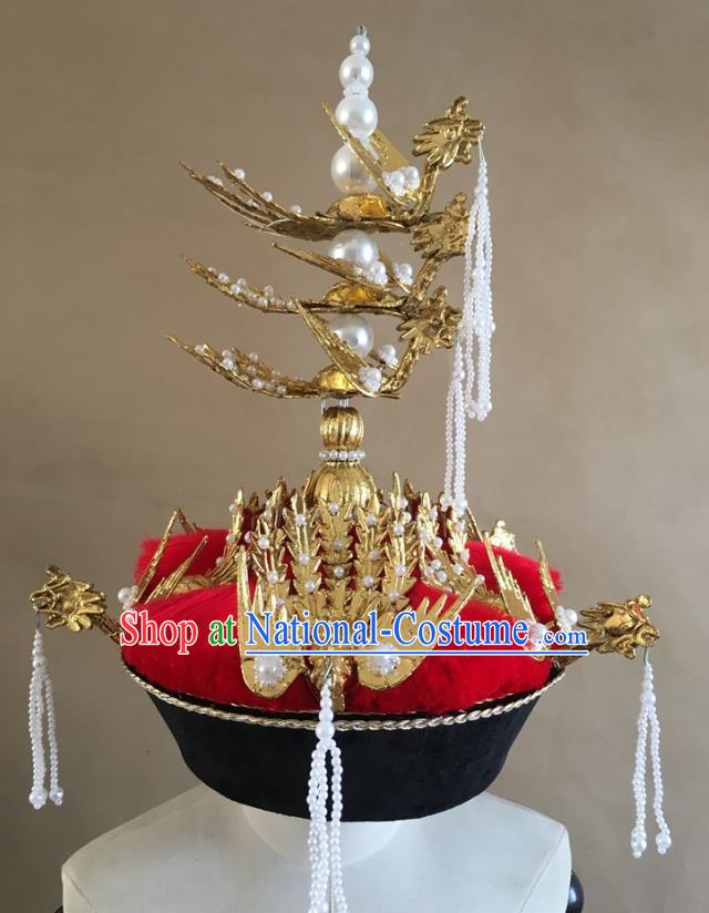 China Traditional Qing Dynasty Empress Hat Handmade Ancient Queen Golden Phoenix Headwear