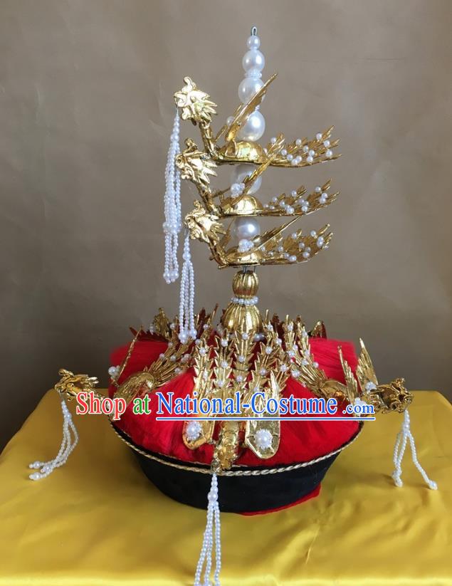 China Traditional Qing Dynasty Empress Hat Handmade Ancient Queen Golden Phoenix Headwear