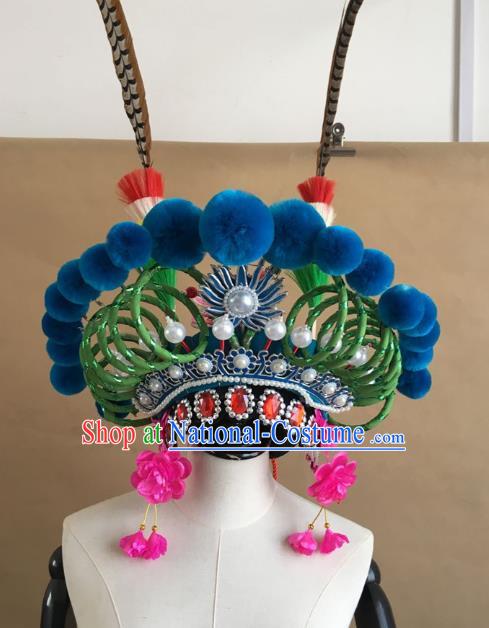 China Traditional Peking Opera Blues Hat Handmade Beijing Opera Female Swordsman Headwear