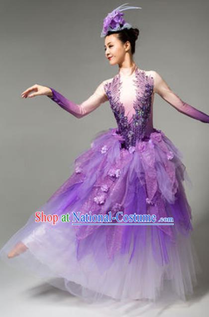 China Woman Dance Clothing Spring Festival Gala Flowers Fairy Dance Costume Opening Dance Purple Veil Dress