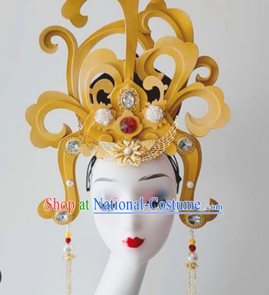 China Classical Dance Hair Crown Traditional Stage Performance Hair Accessories Handmade Goddess Wigs Chignon