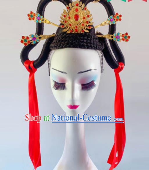 China Traditional Stage Performance Headdress Handmade Goddess Wigs Chignon Classical Dance Hair Clasp