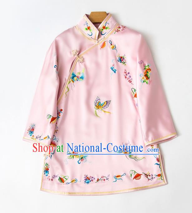 China Traditional Tang Suit Outer Garment Pink Silk Coat Embroidered Butterfly Jacket