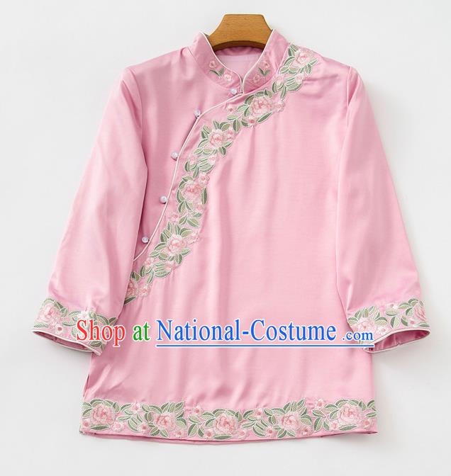 China Tang Suit Upper Outer Garment Blouse Traditional Embroidered Roses Pink Silk Shirt