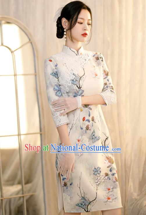 Chinese Traditional Shang Hai White Lace Cheongsam Classical Printing Flowers Qipao Dress