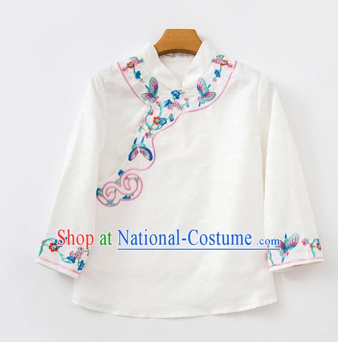 China Women Blouse Traditional Embroidered Butterfly White Flax Shirt Tang Suit Upper Outer Garment