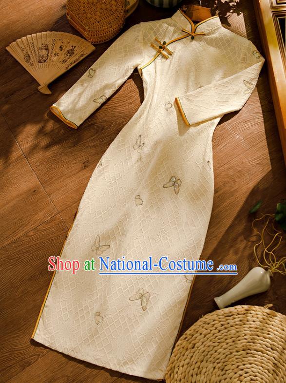 Chinese Classical Beige Lace Qipao Dress Traditional Young Lady Cheongsam