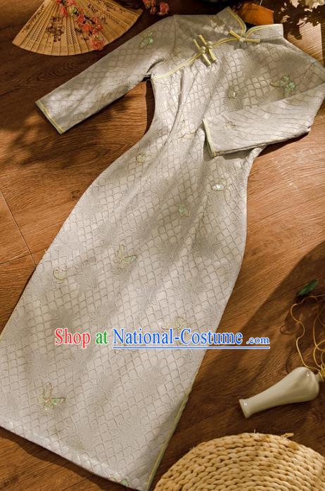 Chinese Classical Grey Lace Qipao Dress Traditional Butterfly Pattern Cheongsam