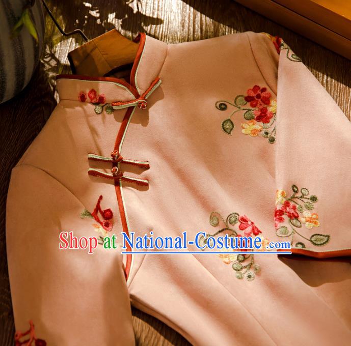 Chinese Classical Winter Qipao Dress Traditional Printing Pink Suede Fabric Cheongsam