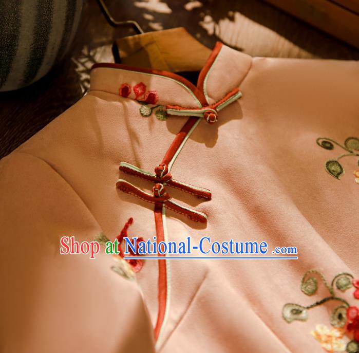 Chinese Classical Winter Qipao Dress Traditional Printing Pink Suede Fabric Cheongsam