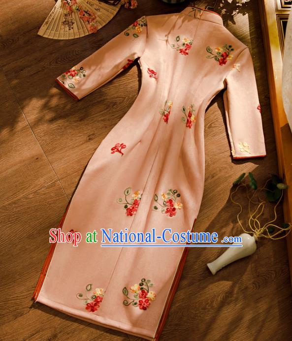 Chinese Classical Winter Qipao Dress Traditional Printing Pink Suede Fabric Cheongsam