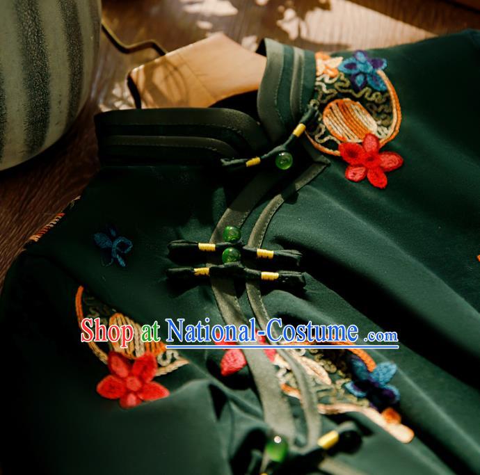 Chinese Traditional Embroidered Deep Green Cheongsam Classical Female Qipao Dress