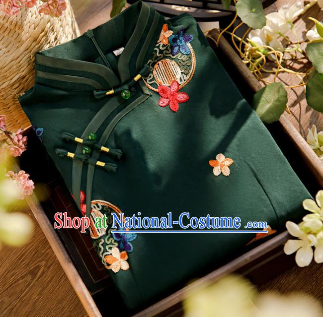 Chinese Traditional Embroidered Deep Green Cheongsam Classical Female Qipao Dress