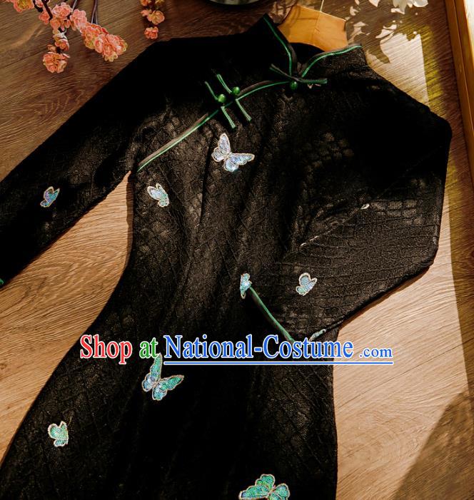 Chinese Classical Sequins Butterfly Qipao Dress Traditional Black Lace Cheongsam Clothing