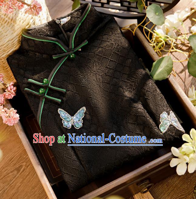 Chinese Classical Sequins Butterfly Qipao Dress Traditional Black Lace Cheongsam Clothing