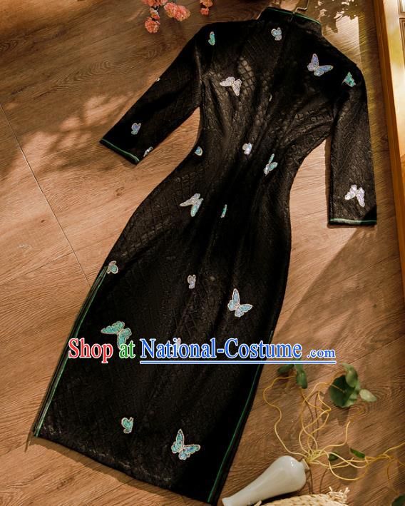 Chinese Classical Sequins Butterfly Qipao Dress Traditional Black Lace Cheongsam Clothing