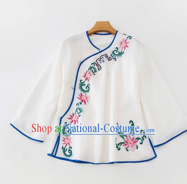 China Traditional Embroidered Flowers White Flax Shirt Tang Suit Upper Outer Garment Women Blouse