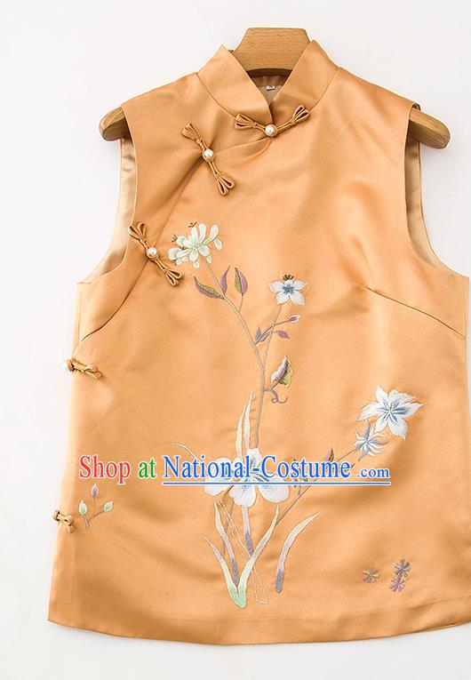 Chinese Classical Embroidered Orchids Orange Silk Vest National Women Upper Outer Garment Tang Suit Waistcoat