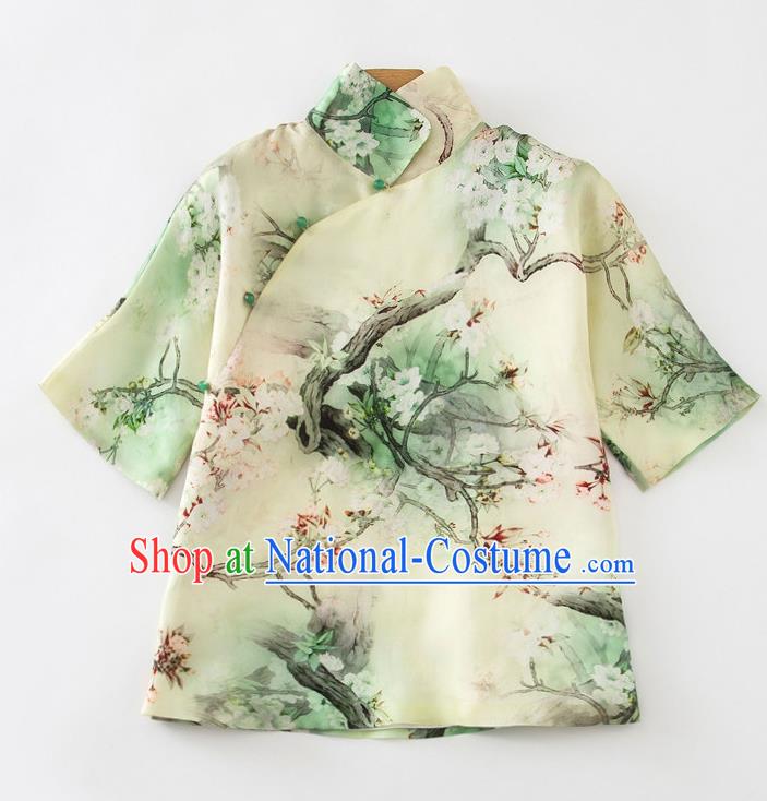 China Traditional Printing Pear Blossom Shirt Tang Suit Upper Outer Garment Women Green Silk Blouse